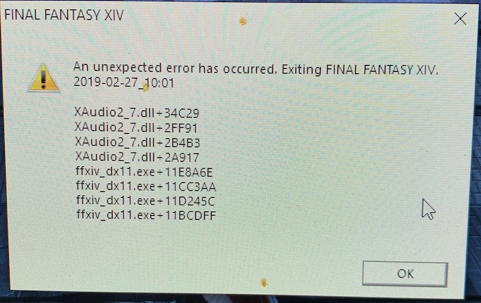 Error dialog An unexpected error has occurred. Exiting FINAL FANTASY XIV.