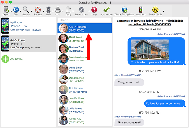 Save text messages to computer by selecting an iPhone contact. 