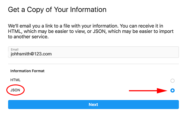 Select JSON file format for your Instagram data