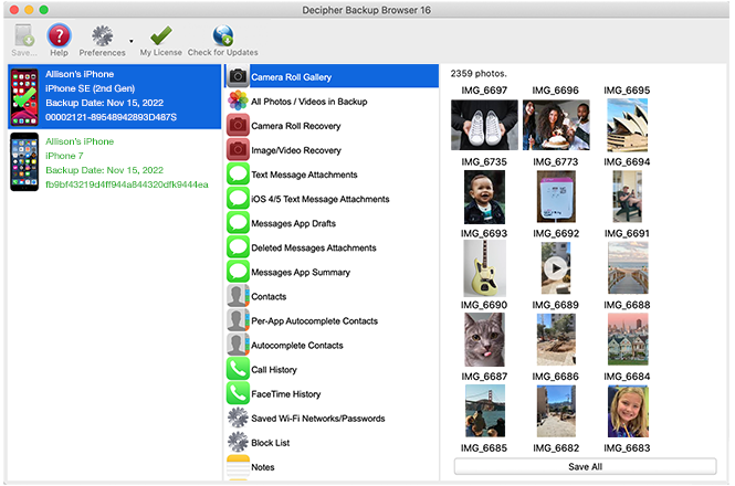 Select Camera Roll Gallery in the middle column of Decipher Backup Browser to extract photos fro iPhone backup.