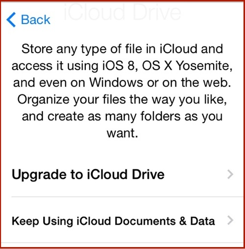 Screenshot of the iOS 8 update to iCloud Drive choice prompt.