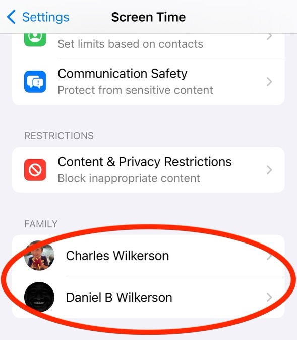On iOS, scroll down and tap to select the family member who needs the Screen Time passcode reset.