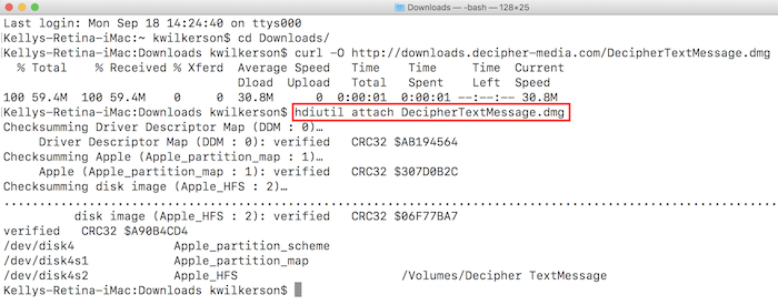 Downloading a dmg with curl and mounting with hdiutil on the terminal.