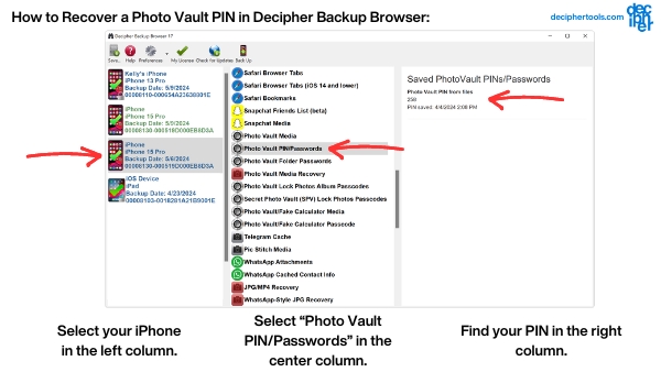 Decipher Backup Browser recovering forgotten Photo Vault PIN and Pattern Lock.