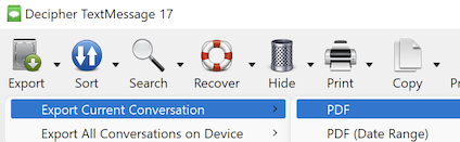 Select export in Decipher TextMessage to save text messages for any family law matter. 