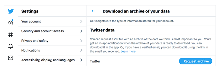 Wait for your Twitter data to download and be patient. Twitter will notify you with an email when the download is complete.