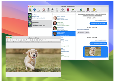 Screenshot of Decipher TextMessage for macOS showing saved iPhone text messages.