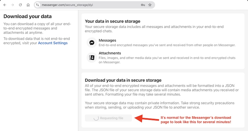 Facebook Messenger's secure storage download page