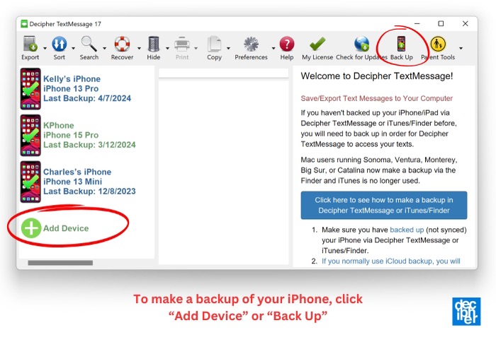 Click Add Device in Decipher TextMessage