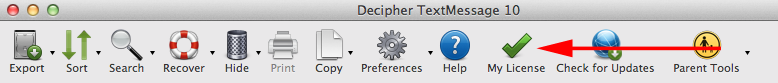 Decipher TextMessage My License button