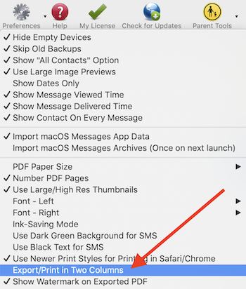 Export/Print in Two Columns setting in preferences menu of Decipher TextMessage